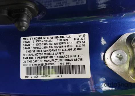 2020 Honda Cr-V Awd Touring z USA, uszkodzony, nr VIN 7FARW2H98LE011925